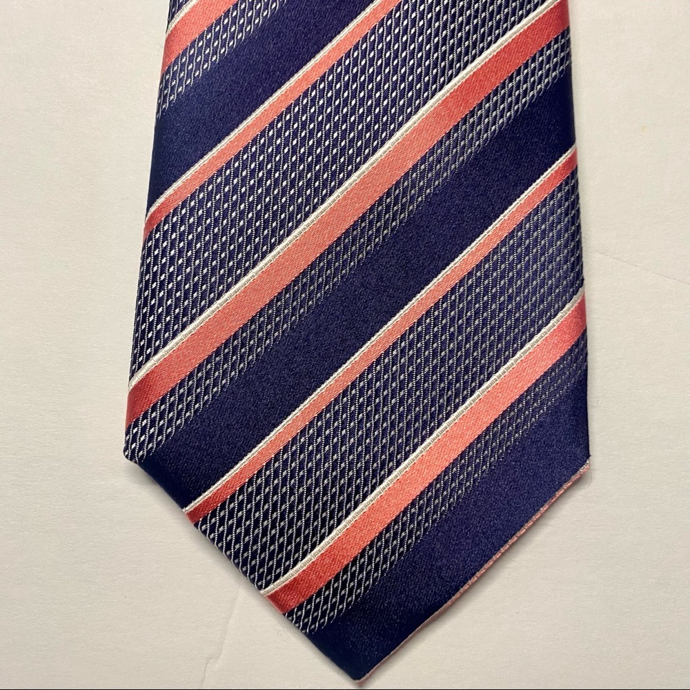 Countess Mara Blue & Salmon Silk Classic Striped Tie 3.75” x 60” - Picture 5 of 5